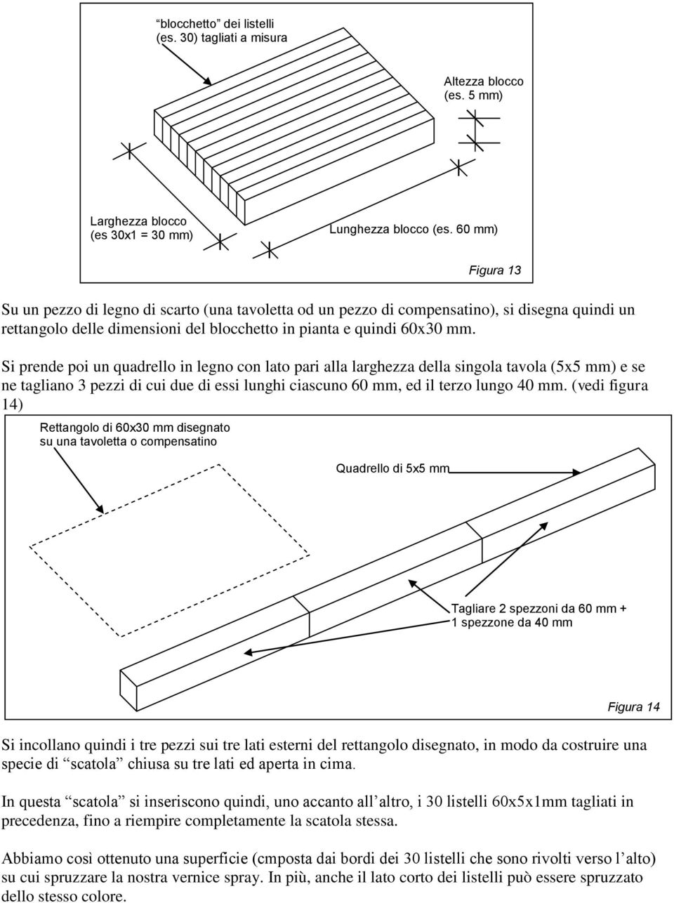 Si prende poi un quadrello in legno con lato pari alla larghezza della singola tavola (5x5 mm) e se ne tagliano 3 pezzi di cui due di essi lunghi ciascuno 60 mm, ed il terzo lungo 40 mm.