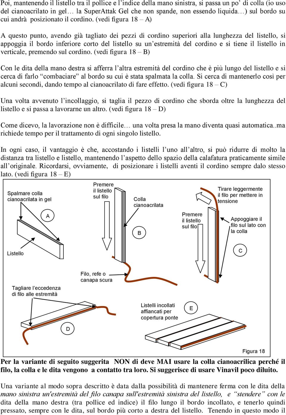 (vedi figura 18 A) A questo punto, avendo già tagliato dei pezzi di cordino superiori alla lunghezza del listello, si appoggia il bordo inferiore corto del listello su un estremità del cordino e si