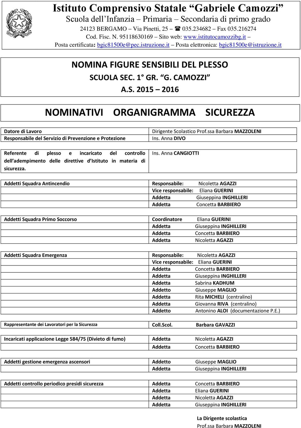 Addetti Squadra Emergenza Responsabile: Nicoletta AGAZZI Vice responsabile: Eliana GUERINI Sabrina KADHUM Addetto Giuseppe MAGLIO Rita MICHELI (centralino) Giovanna RIVA (centralino)