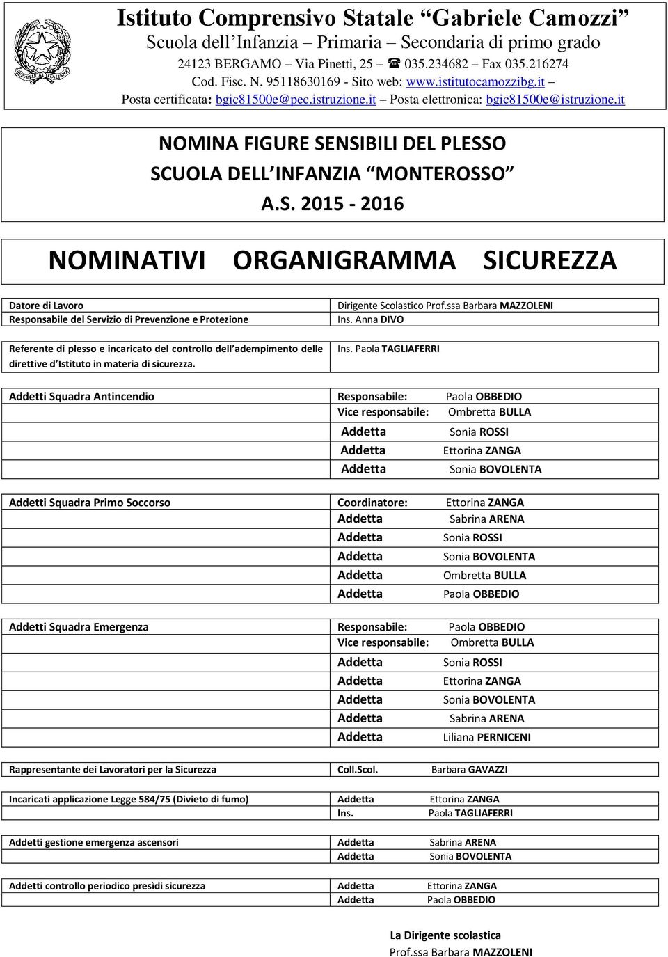 Coordinatore: Sabrina ARENA Ombretta BULLA Paola OBBEDIO Addetti Squadra Emergenza Responsabile: Paola OBBEDIO Vice responsabile: Ombretta BULLA