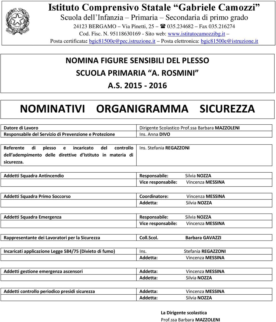 Soccorso Coordinatore: Vincenza MESSINA : Silvia NOZZA Addetti Squadra Emergenza Responsabile: Silvia NOZZA Vice responsabile: Vincenza