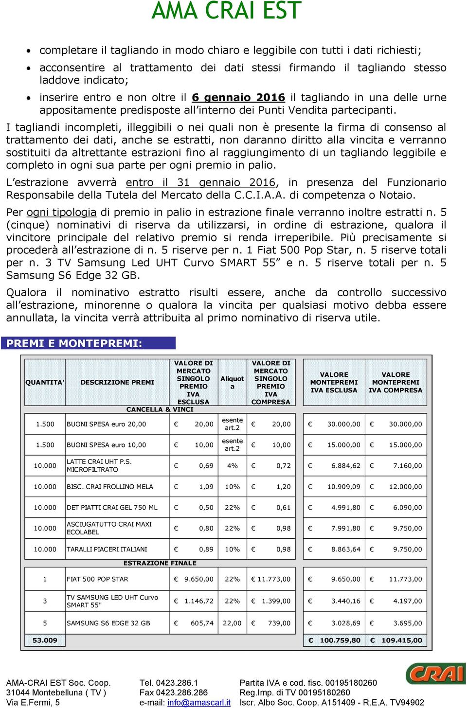 I tagliandi incompleti, illeggibili o nei quali non è presente la firma di consenso al trattamento dei dati, anche se estratti, non daranno diritto alla vincita e verranno sostituiti da altrettante