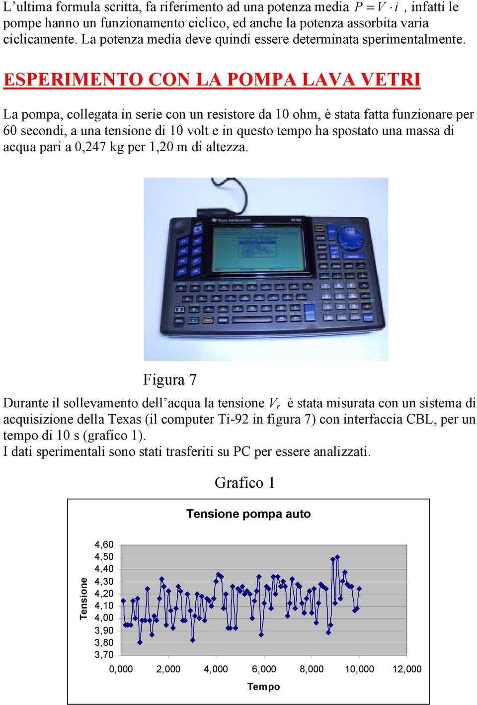 ESPERIMENTO CON LA POMPA LAVA VETRI La pompa, collegata in serie con un resistore da 10 ohm, è stata fatta funzionare per 60 secondi, a una tensione di 10 volt e in questo tempo ha spostato una massa