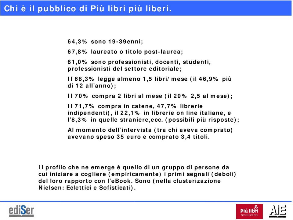 di 12 all anno); Il 70% compra 2 libri al mese (il 20% 2,5 al mese); Il 71,7% compra in catene, 47,7% librerie indipendenti), il 22,1% in librerie on line italiane, e l 8,3% in quelle