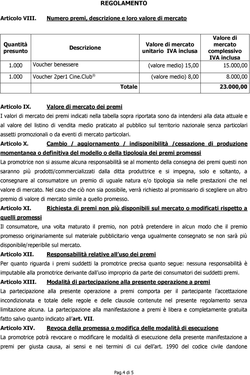 Valore di mercato dei premi I valori di mercato dei premi indicati nella tabella sopra riportata sono da intendersi alla data attuale e al valore del listino di vendita medio praticato al pubblico