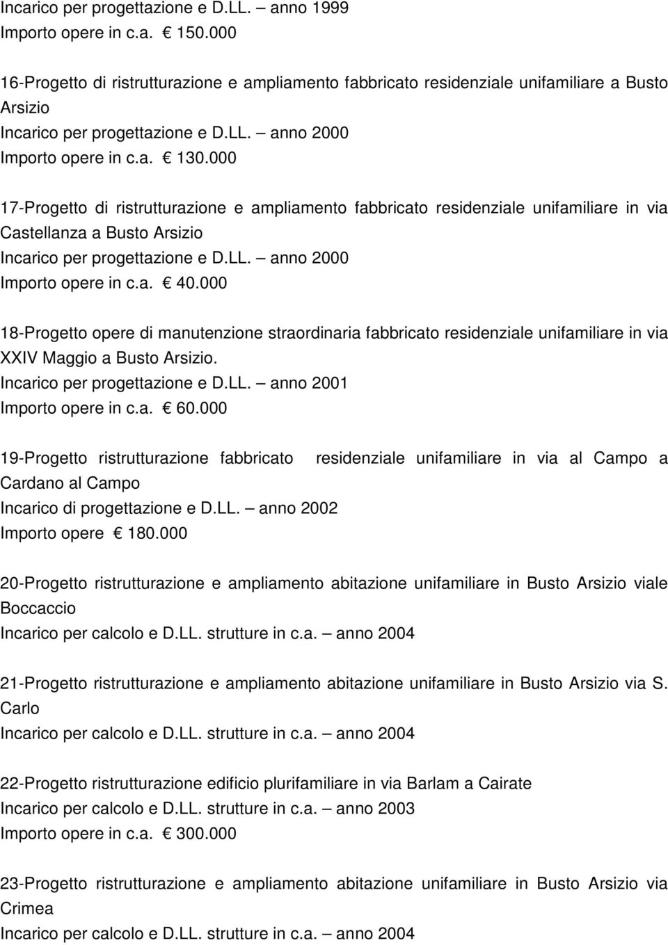 000 17-Progetto di ristrutturazione e ampliamento fabbricato residenziale unifamiliare in via Castellanza a Busto Arsizio Incarico per progettazione e D.LL. anno 2000 Importo opere in c.a. 40.