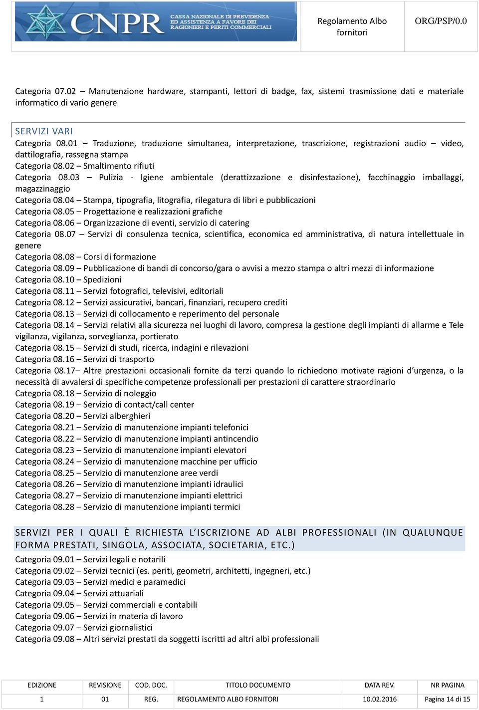 03 Pulizia - Igiene ambientale (derattizzazione e disinfestazione), facchinaggio imballaggi, magazzinaggio Categoria 08.