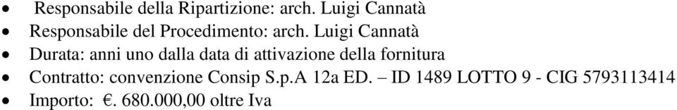 Luigi Cannatà Durata: anni uno dalla data di attivazione della