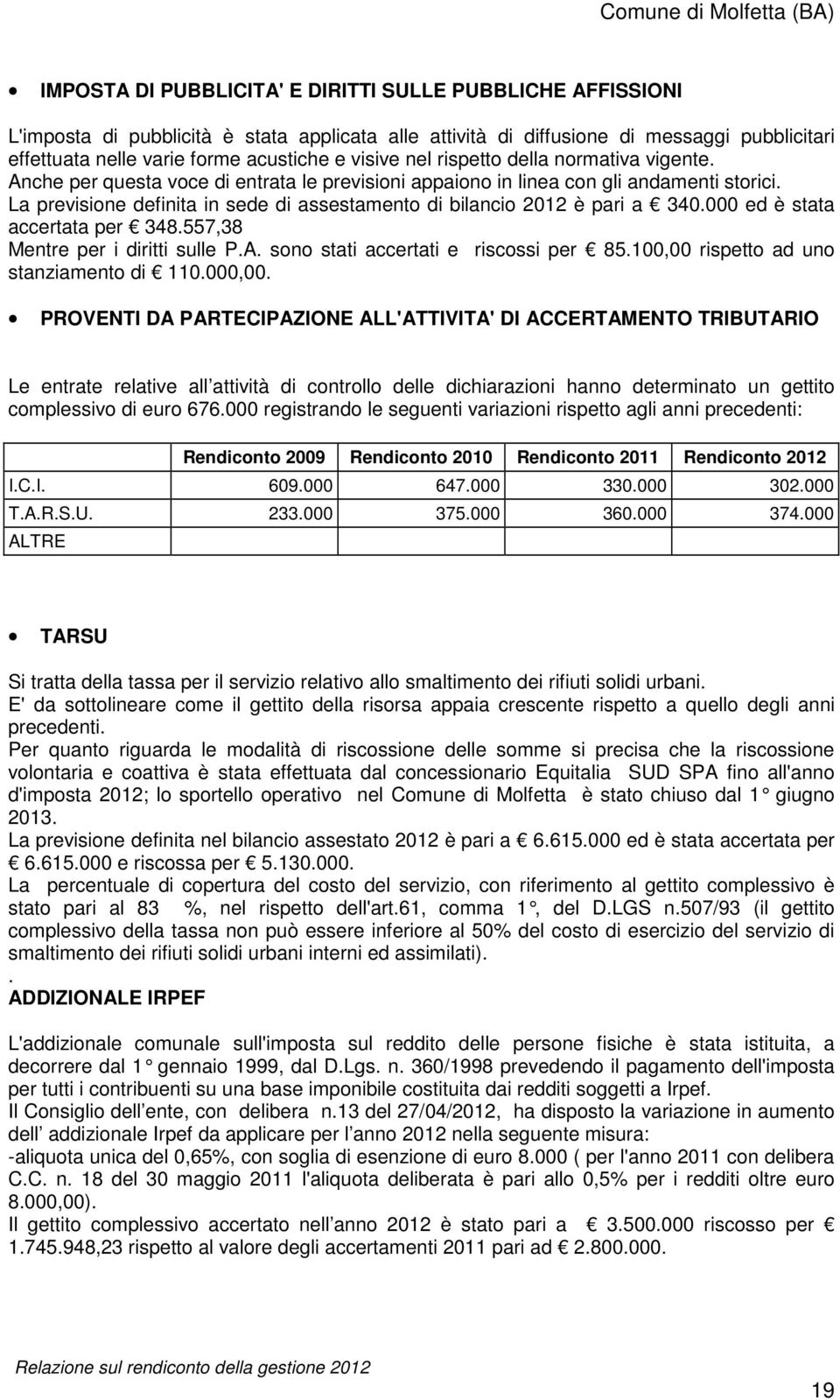 La previsione definita in sede di assestamento di bilancio è pari a 340.000 ed è stata accertata per 348.557,38 Mentre per i diritti sulle P.A. sono stati accertati e riscossi per 85.