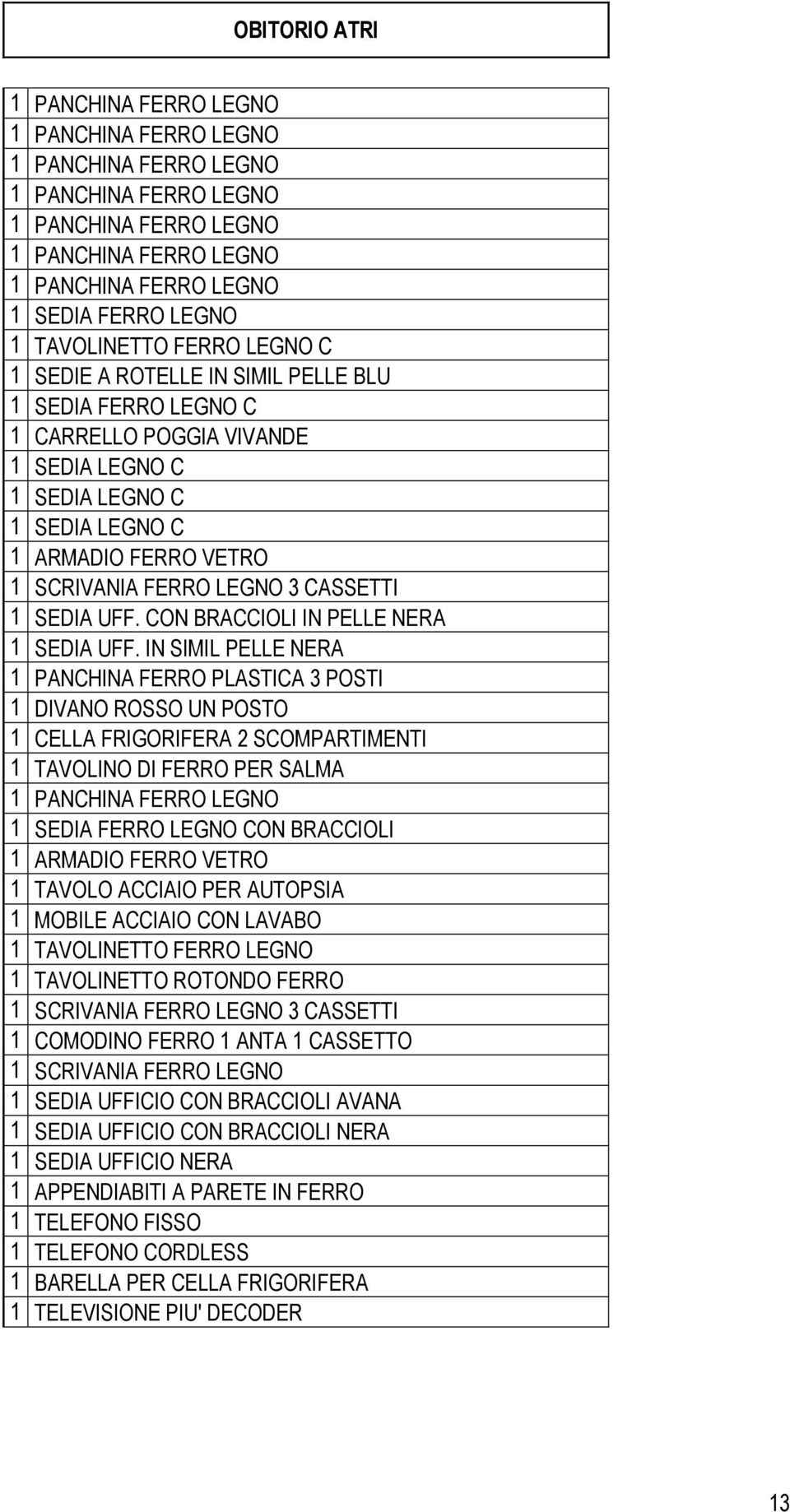 IN SIMIL PELLE NERA 1 PANCHINA FERRO PLASTICA 3 POSTI 1 DIVANO ROSSO UN POSTO 1 CELLA FRIGORIFERA 2 SCOMPARTIMENTI 1 TAVOLINO DI FERRO PER SALMA 1 SEDIA FERRO LEGNO CON BRACCIOLI 1 ARMADIO FERRO