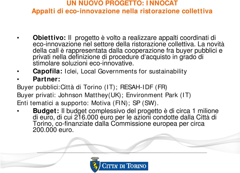 Capofila: Iclei, Local Governments for sustainability Partner: Buyer pubblici:città di Torino (IT); RESAH-IDF (FR) Buyer privati: Johnson Matthey(UK); Environment Park (IT) Enti tematici a supporto: