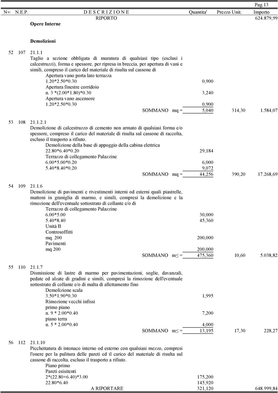 7 21.1.1 Taglio a sezione obbligata di muratura di qualsiasi tipo (esclusi i calcestruzzi), forma e spessore, per ripresa in breccia, per apertura di vani e simili, compreso il carico del materiale