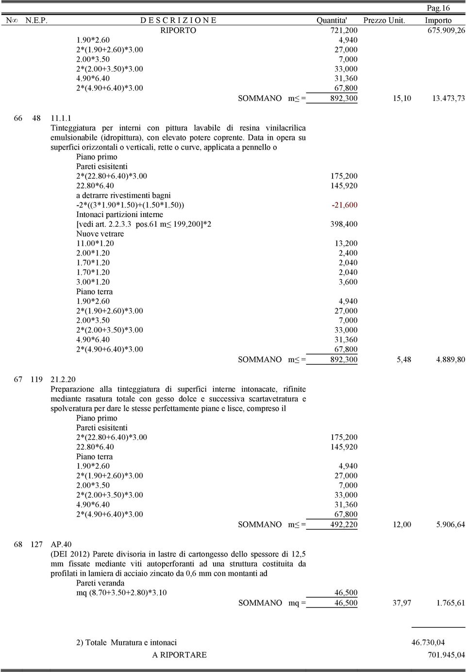 Data in opera su superfici orizzontali o verticali, rette o curve, applicata a pennello o Pareti esisitenti 2*(22.80+6.40)*3.00 175,200 22.80*6.40 145,920 a detrarre rivestimenti bagni -2*((3*1.90*1.