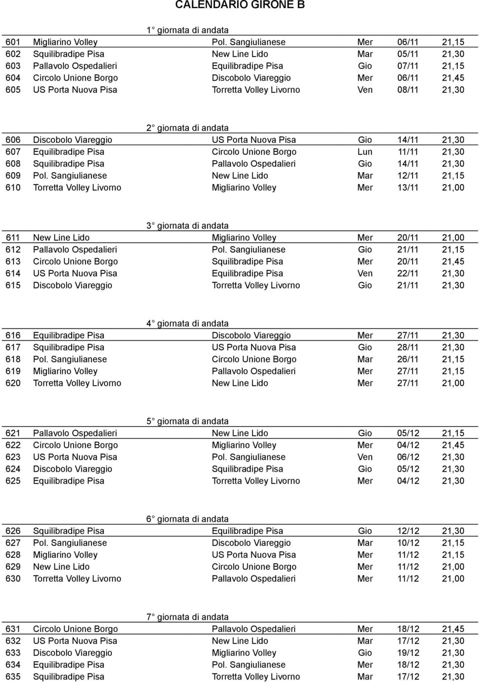21,45 605 US Porta Nuova Pisa Torretta Volley Livorno Ven 08/11 21,30 2 giornata di andata 606 Discobolo Viareggio US Porta Nuova Pisa Gio 14/11 21,30 607 Equilibradipe Pisa Circolo Unione Borgo Lun