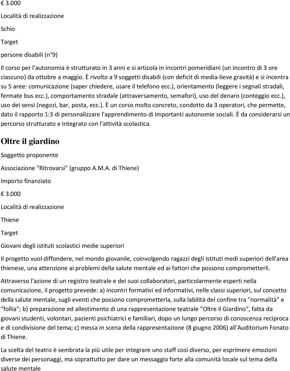 ), orientamento (leggere i segnali stradali, fermate bus ecc.), comportamento stradale (attraversamento, semafori), uso del denaro (conteggio ecc.), uso dei sensi (negozi, bar, posta, ecc.). È un corso molto concreto, condotto da 3 operatori, che permette, dato il rapporto 1:3 di personalizzare l'apprendimento di importanti autonomie sociali.