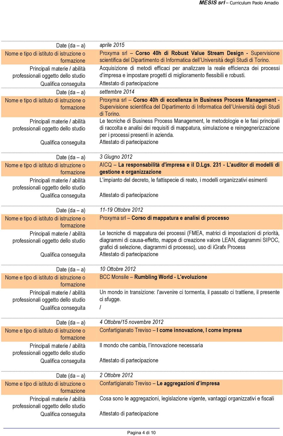 Date (da a) settembre 2014 Proxyma srl Corso 40h di eccellenza in Business Process Management - Supervisione scientifica del Dipartimento di Informatica dell Università degli Studi di Torino.