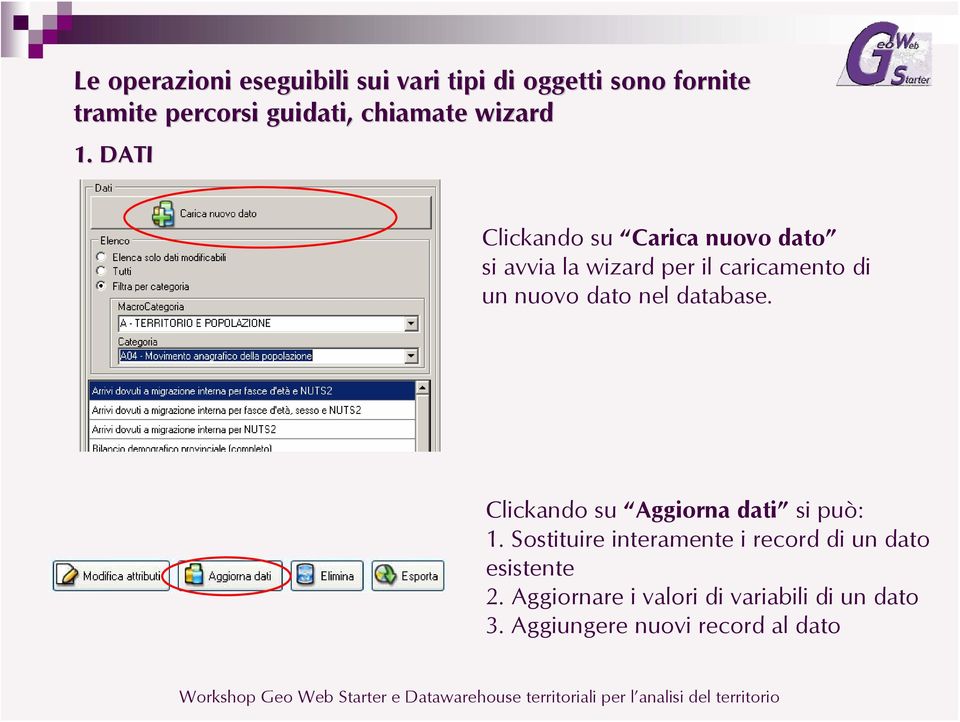 DATI Clickando su Carica nuovo dato si avvia la wizard per il caricamento di un nuovo dato nel