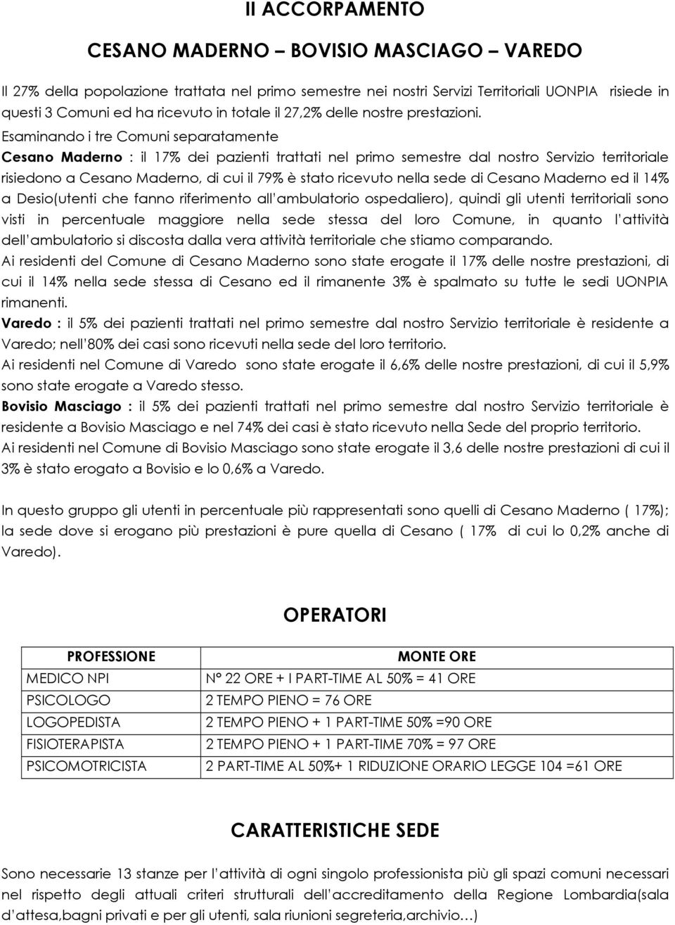 Esaminando i tre Comuni separatamente Cesano Maderno : il 17% dei pazienti trattati nel primo semestre dal nostro Servizio territoriale risiedono a Cesano Maderno, di cui il 79% è stato ricevuto