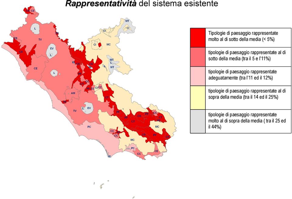 rappresentate adeguatamente (tra l 11 ed il 12%) tipologie di paesaggio rappresentate al di sopra della media