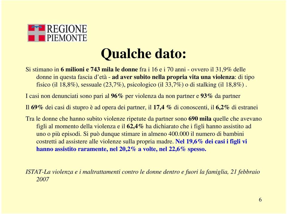 I casi non denunciati sono pari al 96% per violenza da non partner e 93% da partner Il 69% dei casi di stupro è ad opera dei partner, il 17,4 % di conoscenti, il 6,2% di estranei Tra le donne che