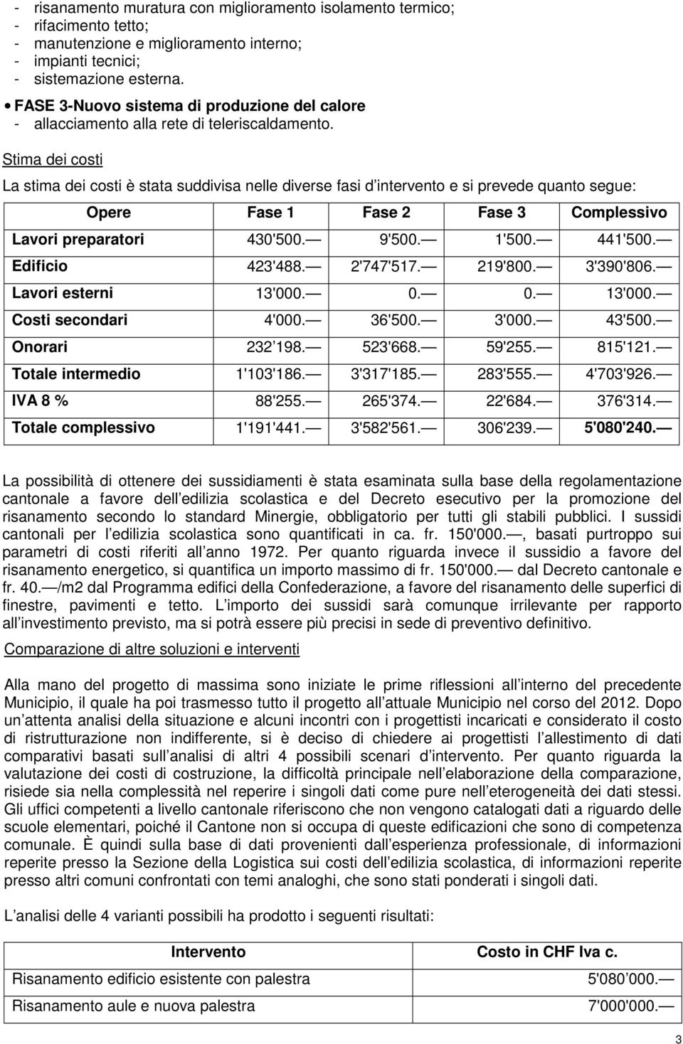 Stima dei costi La stima dei costi è stata suddivisa nelle diverse fasi d intervento e si prevede quanto segue: Opere Fase 1 Fase 2 Fase 3 Complessivo Lavori preparatori 430'500. 9'500. 1'500.