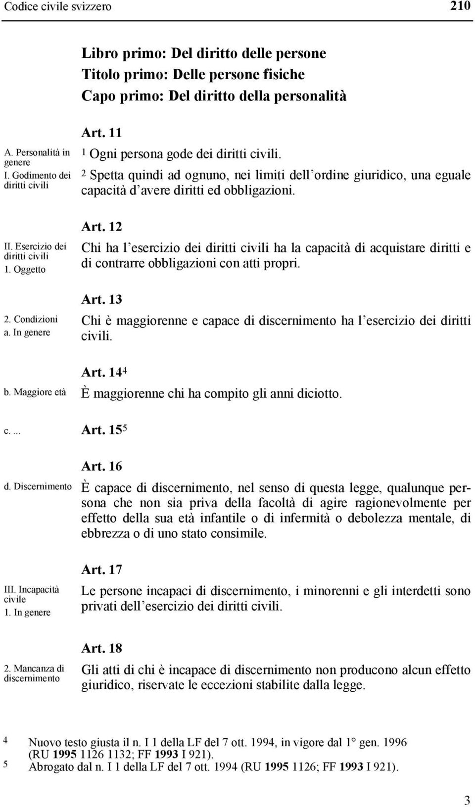 Oggetto 2. Condizioni a. In genere b. Maggiore età c.... d. Discernimento III. Incapacità civile 1. In genere Art.