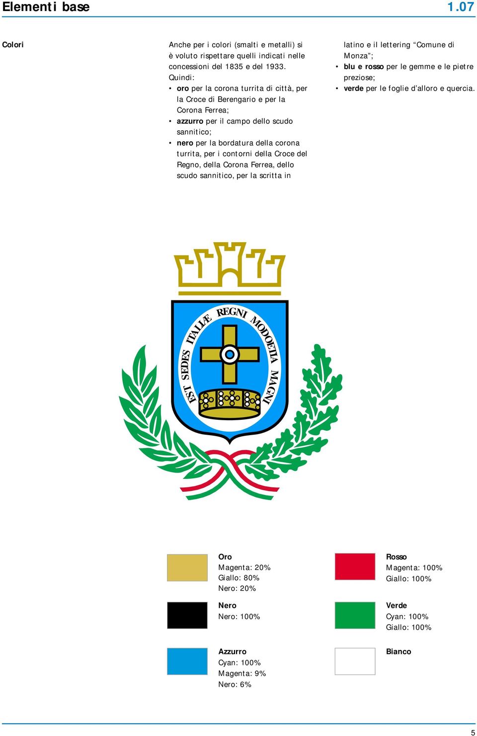 contorni della Croce del Regno, della Corona Ferrea, dello scudo sannitico, per la scritta in latino e il lettering Comune di Monza ; blu e rosso per le gemme e le pietre preziose; verde