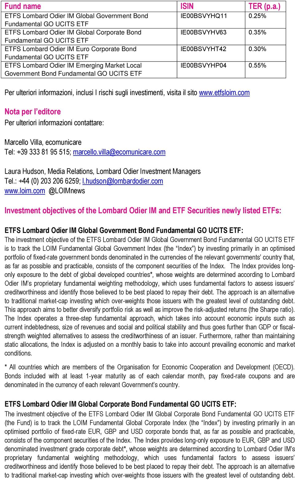 ) ETFS Lombard Odier IM Global Government Bond ETFS Lombard Odier IM Global Corporate Bond ETFS Lombard Odier IM Euro Corporate Bond ETFS Lombard Odier IM Emerging Market Local Government Bond