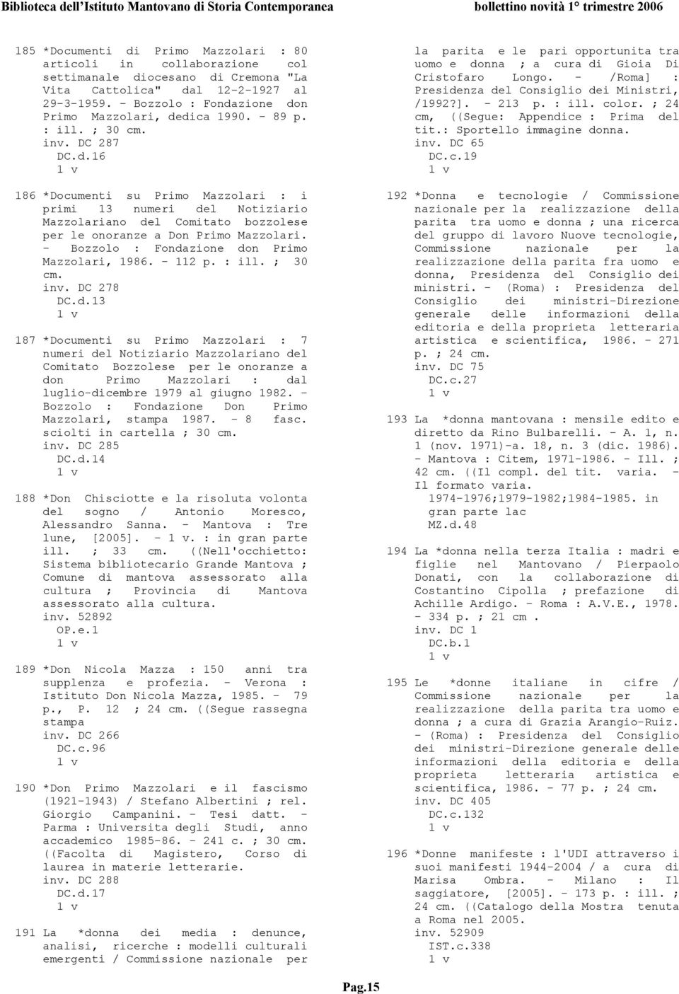 - Bozzolo : Fondazione don Primo Mazzolari, 1986. - 112 p. : ill. ; 30 cm. inv. DC 278 DC.d.13 187 *Documenti su Primo Mazzolari : 7 numeri del Notiziario Mazzolariano del Comitato Bozzolese per le onoranze a don Primo Mazzolari : dal luglio-dicembre 1979 al giugno 1982.