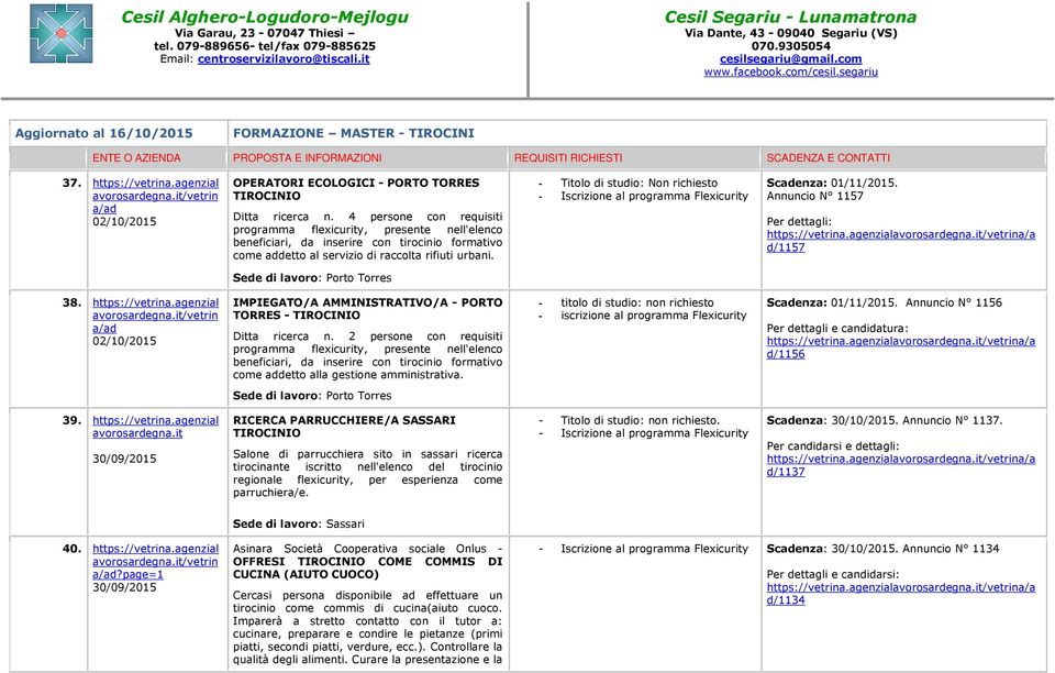 - Titolo di studio: Non richiesto - Iscrizione al programma Flexicurity Scadenza: 01/11/2015. Annuncio N 1157 Per dettagli: d/1157 Sede di lavoro: Porto Torres 38. https://vetrina.