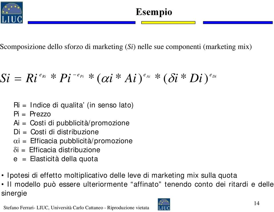 Efficacia pubblicità/promozione δi = Efficacia distribuzione e = Elasticità della quota Ipotesi di effetto moltiplicativo delle leve di