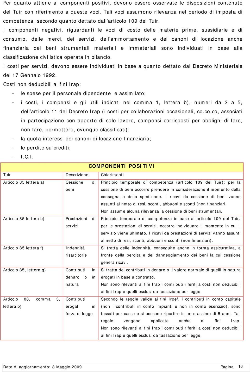 I componenti negativi, riguardanti le voci di costo delle materie prime, sussidiarie e di consumo, delle merci, dei servizi, dell ammortamento e dei canoni di locazione anche finanziaria dei beni