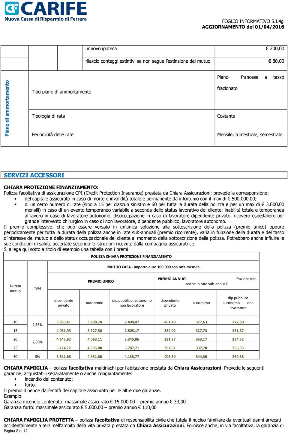 Assicurazioni; prevede la corresponsione: del capitale assicurato in caso di morte o invalidità totale e permanente da infortunio con il max di 500.