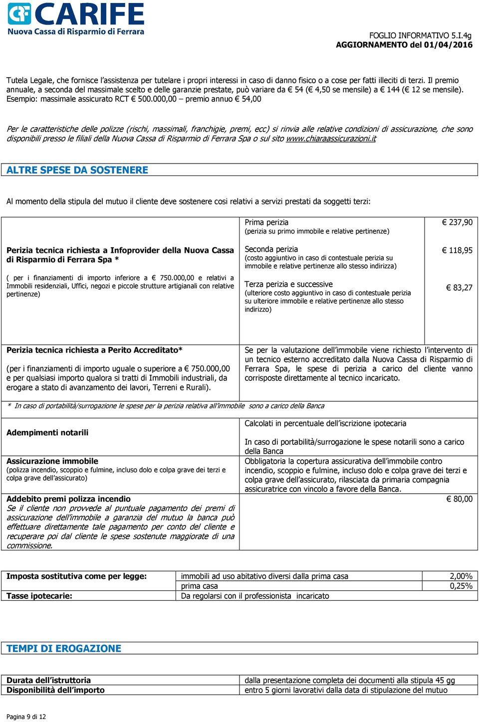 000,00 premio annuo 54,00 Per le caratteristiche delle polizze (rischi, massimali, franchigie, premi, ecc) si rinvia alle relative condizioni di assicurazione, che sono disponibili presso le filiali