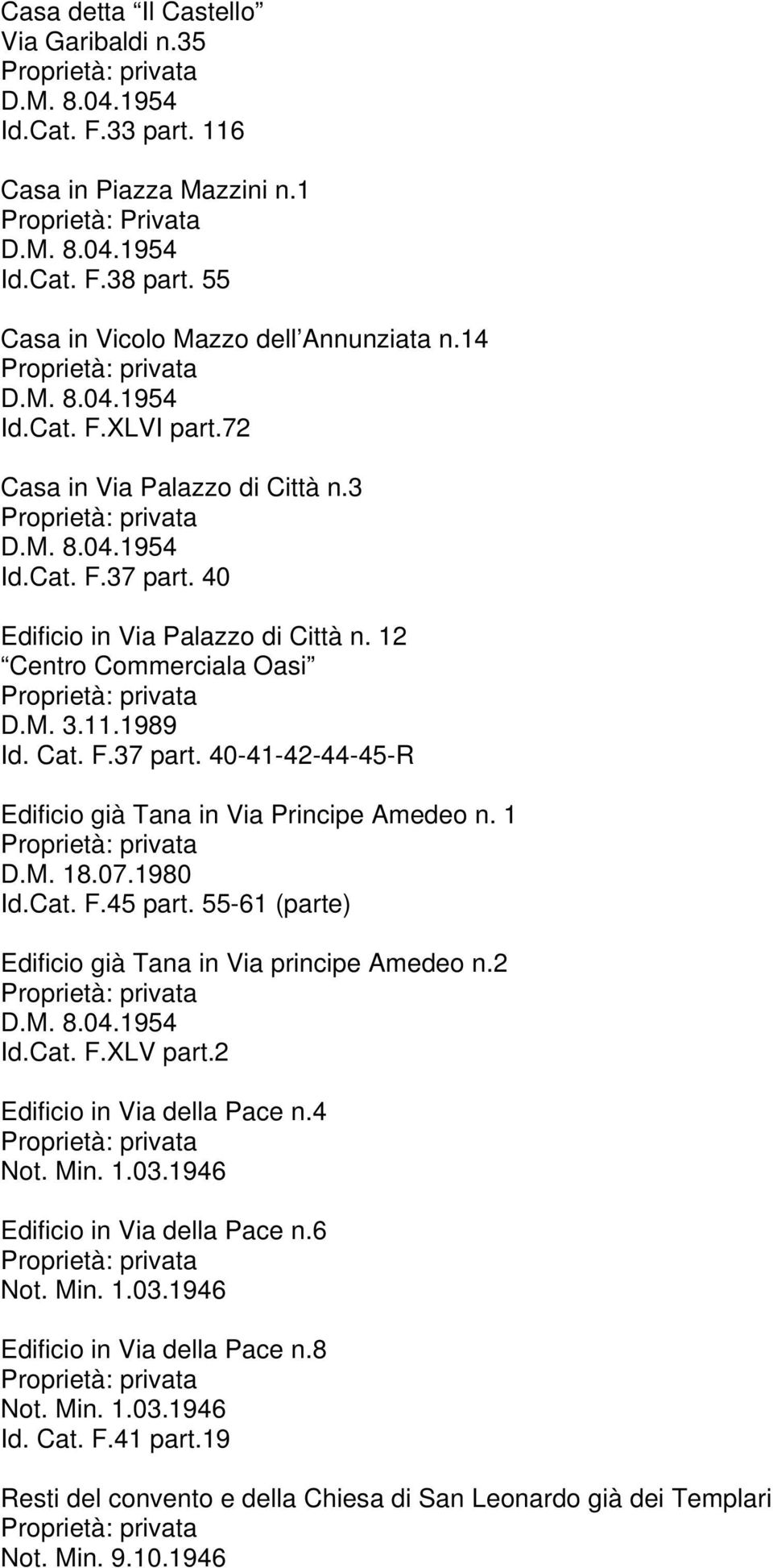 1 D.M. 18.07.1980 Id.Cat. F.45 part. 55-61 (parte) Edificio già Tana in Via principe Amedeo n.2 Id.Cat. F.XLV part.2 Edificio in Via della Pace n.4 Edificio in Via della Pace n.