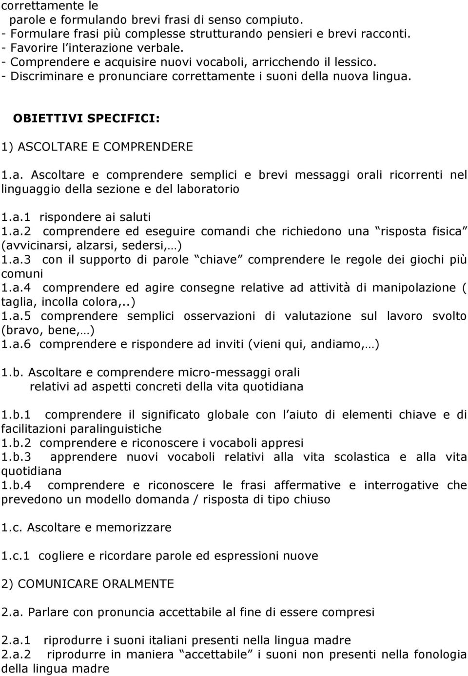 a.1 rispondere ai saluti 1.a.2 comprendere ed eseguire comandi che richiedono una risposta fisica (avvicinarsi, alzarsi, sedersi, ) 1.a.3 con il supporto di parole chiave comprendere le regole dei giochi più comuni 1.