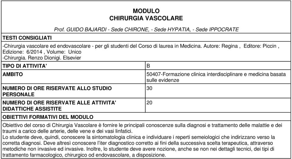 Elsevier OBIETTIVI FORMATIVI DEL B 507-Formazione clinica interdisciplinare e medicina basata sulle evidenze Obiettivo del corso di Chirurgia Vascolare è fornire le principali conoscenze sulla