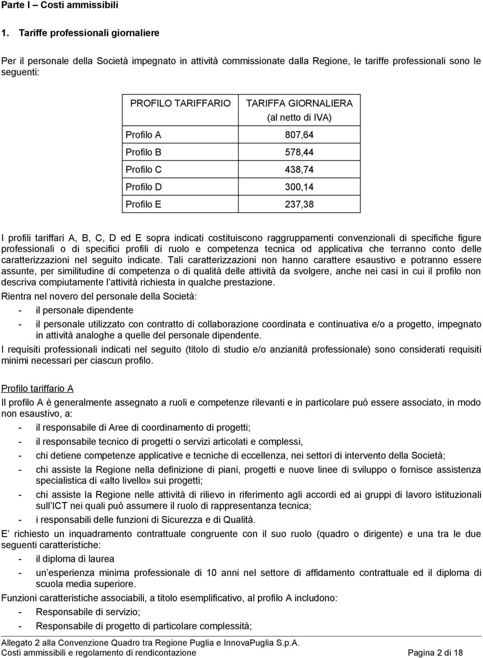 (al netto di IVA) Profilo A 807,64 Profilo B 578,44 Profilo C 438,74 Profilo D 300,14 Profilo E 237,38 I profili tariffari A, B, C, D ed E sopra indicati costituiscono raggruppamenti convenzionali di