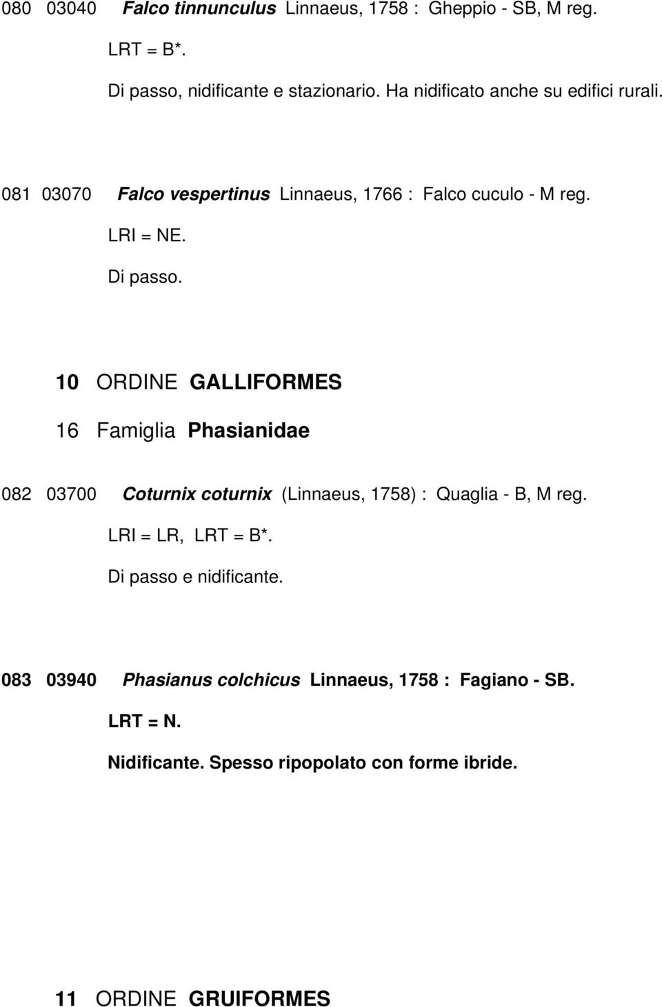 10 ORDINE GALLIFORMES 16 Famiglia Phasianidae 082 03700 Coturnix coturnix (Linnaeus, 1758) : Quaglia - B, M reg.