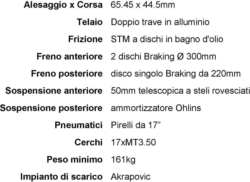 dischi Braking Ø 300mm Freno posteriore disco singolo Braking da 220mm Sospensione anteriore