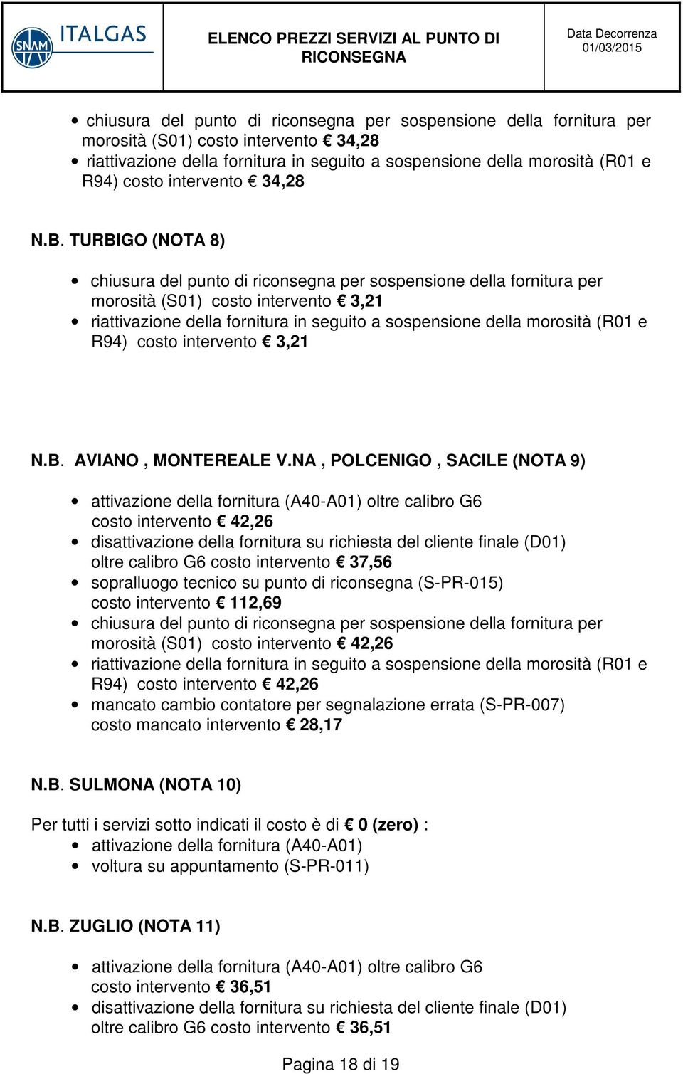 NA, POLCENIGO, SACILE (NOTA 9) attivazione della fornitura (A40-A01) oltre calibro G6 costo intervento 42,26 disattivazione della fornitura su richiesta del cliente finale (D01) oltre calibro G6