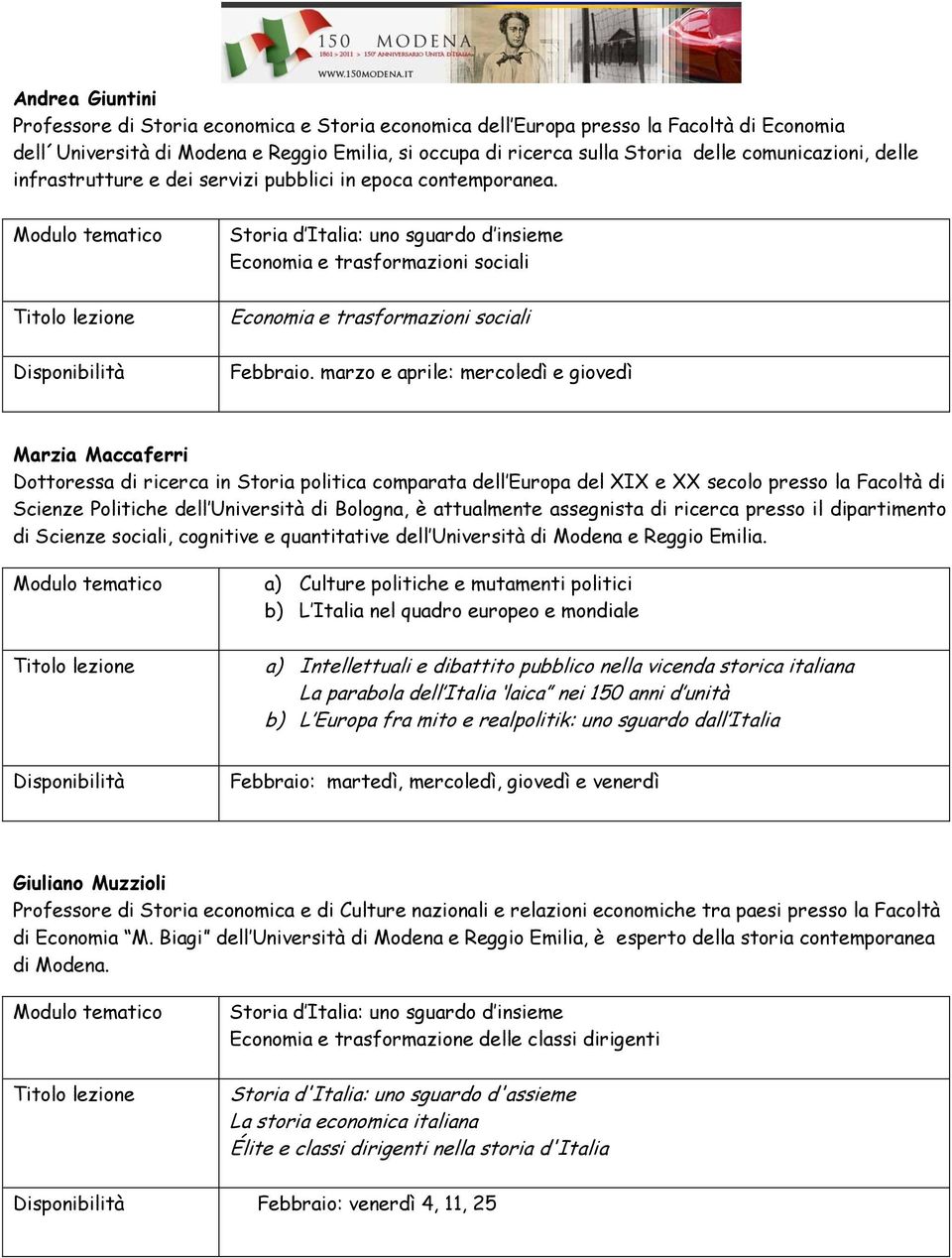 marzo e aprile: mercoledì e giovedì Marzia Maccaferri Dottoressa di ricerca in Storia politica comparata dell Europa del XIX e XX secolo presso la Facoltà di Scienze Politiche dell Università di