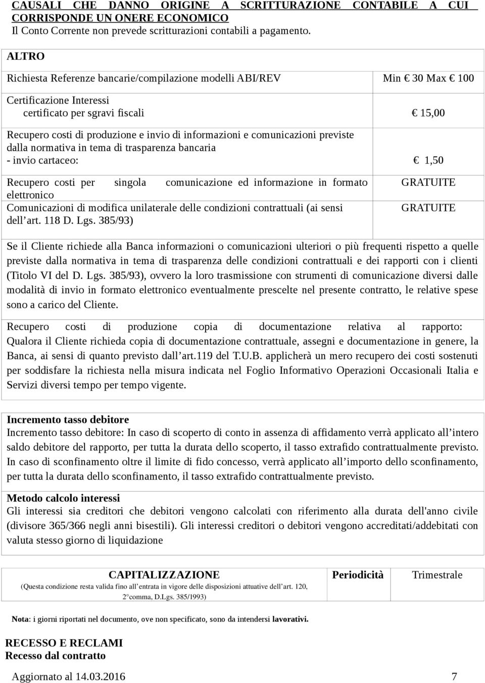 comunicazioni previste dalla normativa in tema di trasparenza bancaria - invio cartaceo: 1,50 Recupero costi per singola comunicazione ed informazione in formato elettronico Comunicazioni di modifica