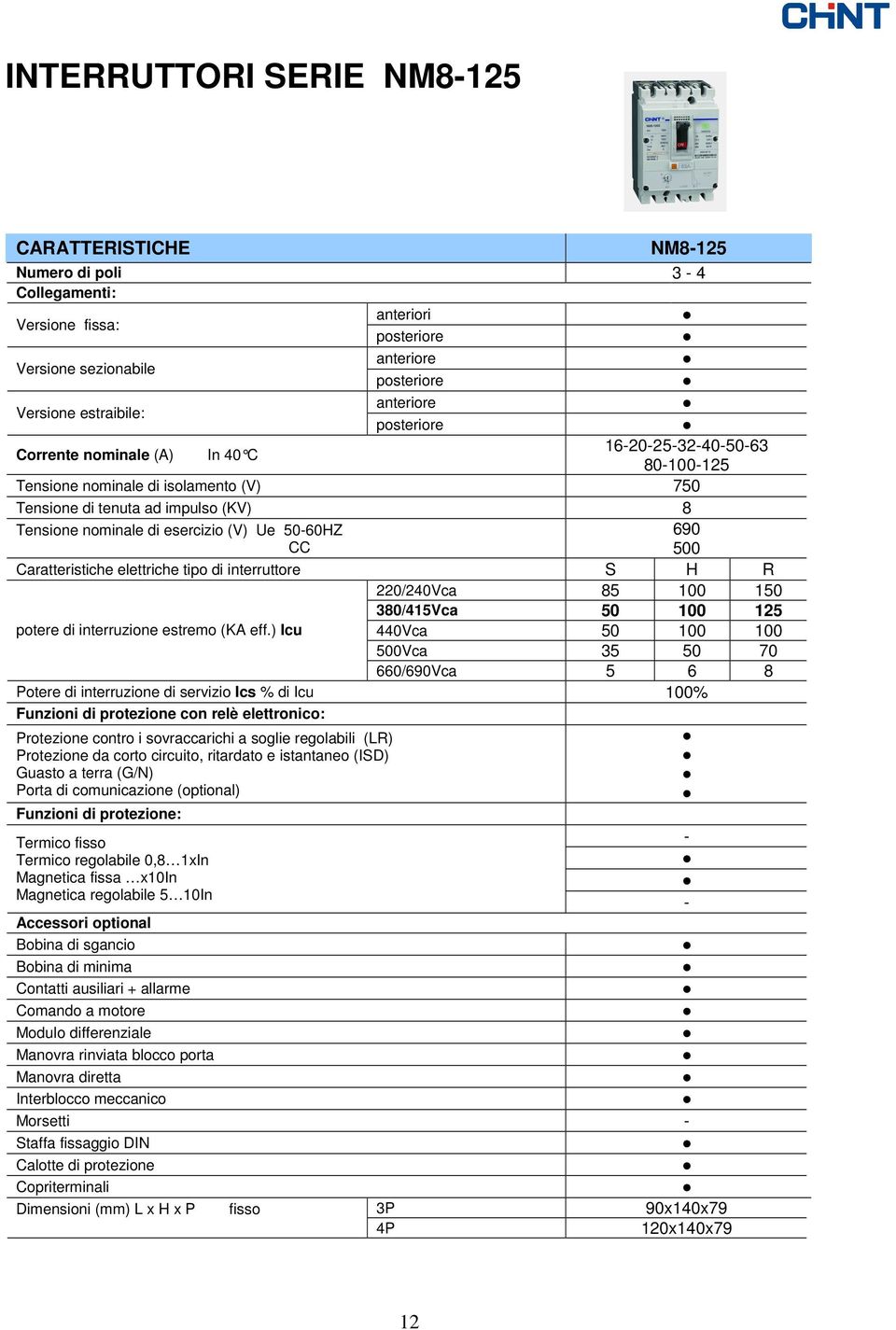 690 500 Caratteristiche elettriche tipo di interruttore S H R 220/240Vca 85 100 150 380/415Vca 50 100 125 potere di interruzione estremo (KA eff.