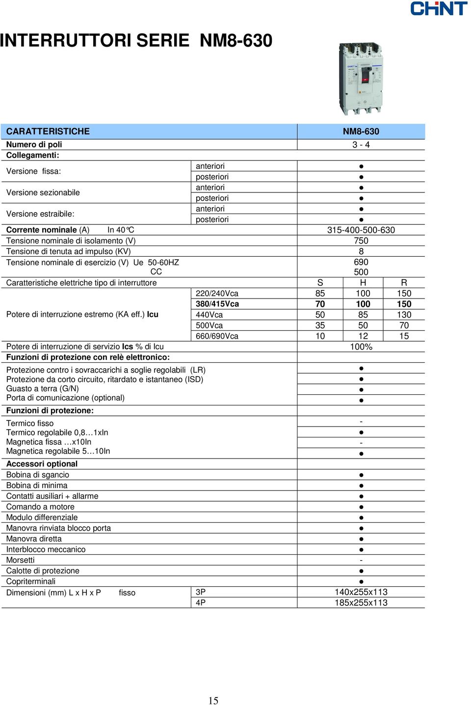 Caratteristiche elettriche tipo di interruttore S H R 220/240Vca 85 100 150 Potere di interruzione estremo (KA eff.