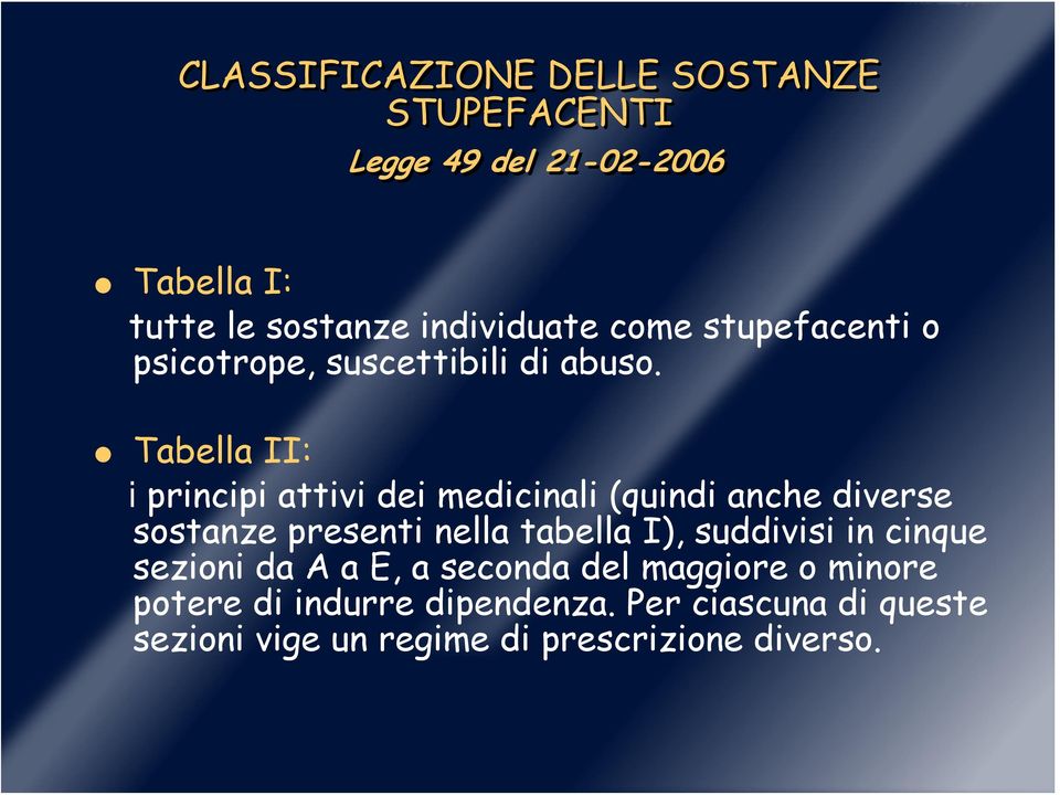 Tabella II: i principi attivi dei medicinali (quindi anche diverse sostanze presenti nella tabella I),