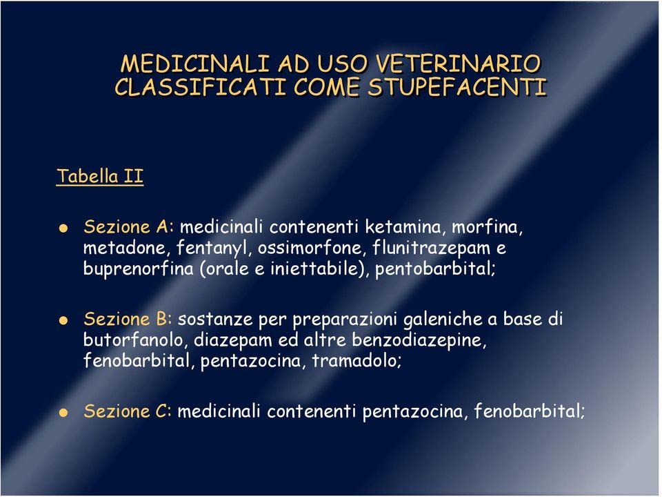 pentobarbital; Sezione B: sostanze per preparazioni galeniche a base di butorfanolo, diazepam ed altre