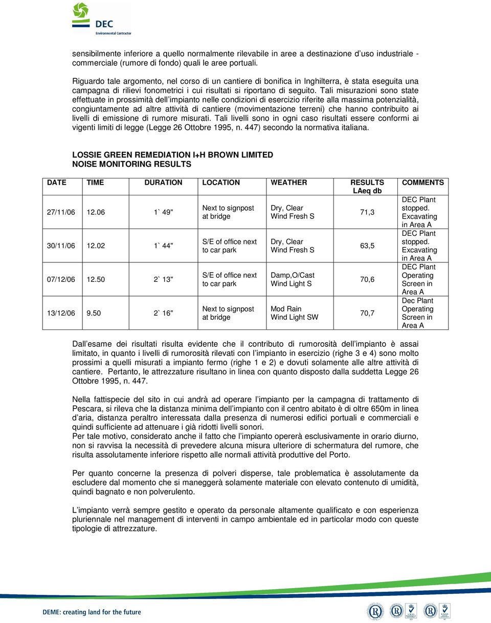 Tali misurazioni sono state effettuate in prossimità dell impianto nelle condizioni di esercizio riferite alla massima potenzialità, congiuntamente ad altre attività di cantiere (movimentazione