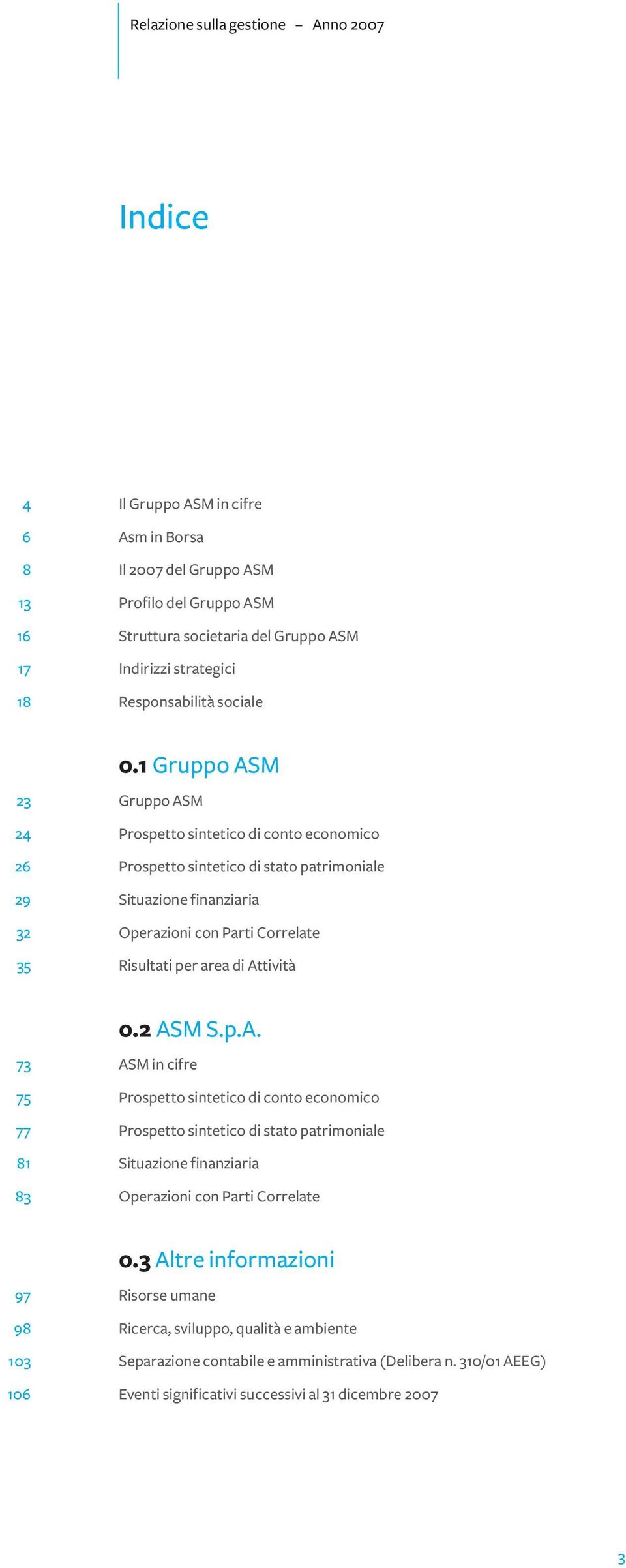 di Attività 0.2 ASM S.p.A. 73 ASM in cifre 75 Prospetto sintetico di conto economico 77 Prospetto sintetico di stato patrimoniale 81 Situazione finanziaria 83 Operazioni con Parti Correlate 0.