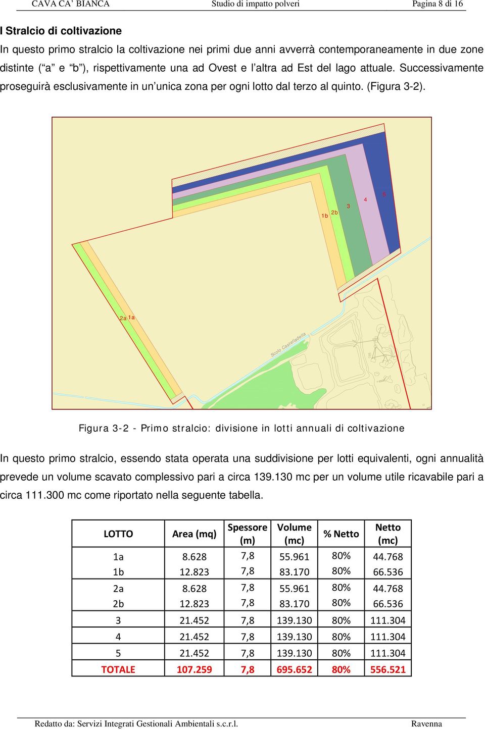 2b 1b 3 4 5 2a 1a Scolo Castelladella Figura 3-2 - Primo stralcio: divisione in lotti annuali di coltivazione In questo primo stralcio, essendo stata operata una suddivisione per lotti equivalenti,